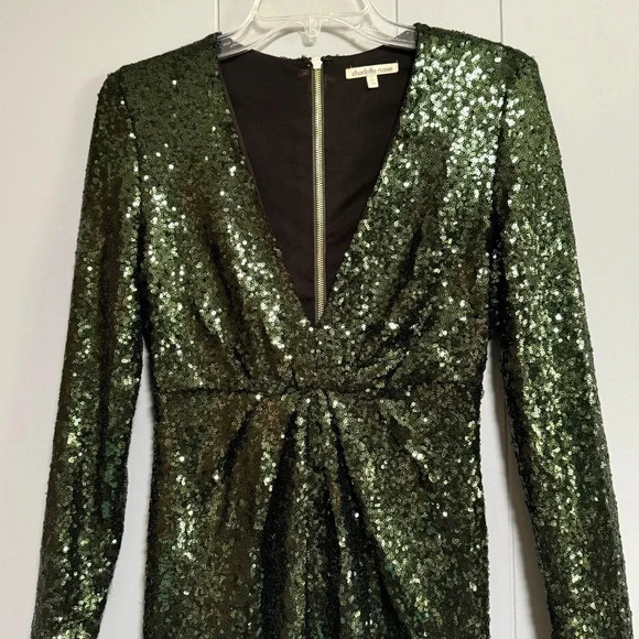 CHARLOTTE RUSSE Dark Green Sequin Long Sleeve Deep V Dress Ruching Size Small - Picture 3 of 7